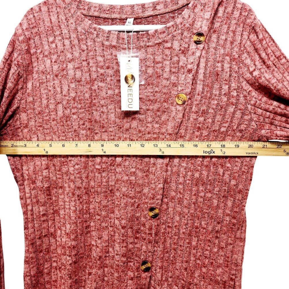 Womens Ribbed Knit Asymmetrical Button Front Sweater Top Long Sleeve Red Size XL - Picture 11 of 14